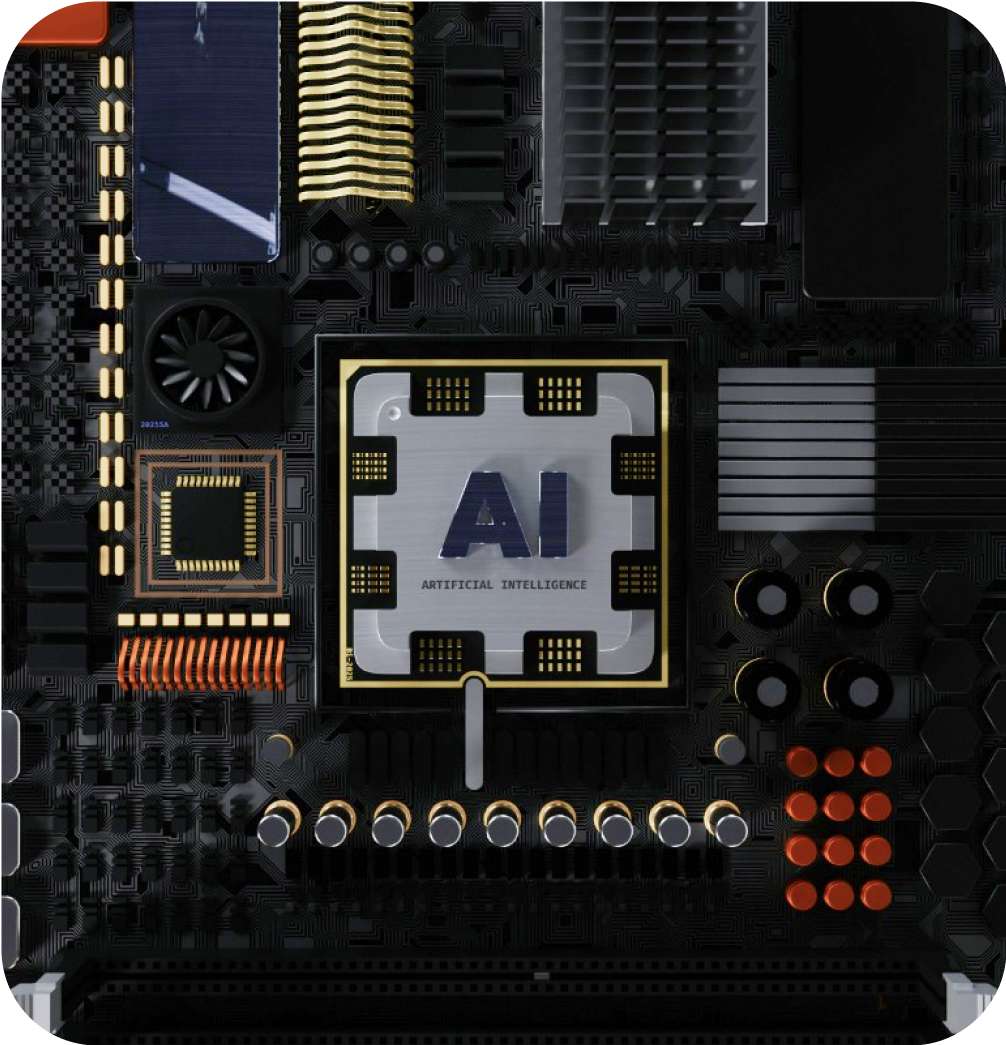 Symbolbild einer Computer-Platine. Im Fokus des Bildes liegt ein Chip auf den die Wörter "AI - Artificial Intelligence" aufgedruckt sind.