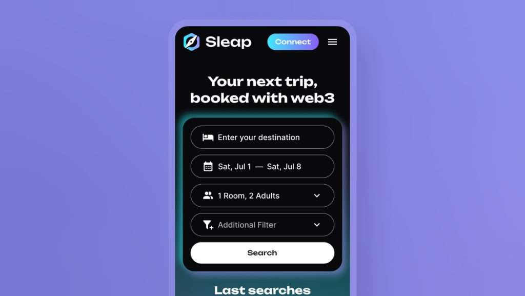 Dargestellt ist die geöffnete Sleap Anwendung. Die erste native Web3-Hotelbuchungsplattform unter Verwendung der Blockchain. im Fokus steht eine geöffnete Hotel Suchmaske in einem Darkmode Design.
