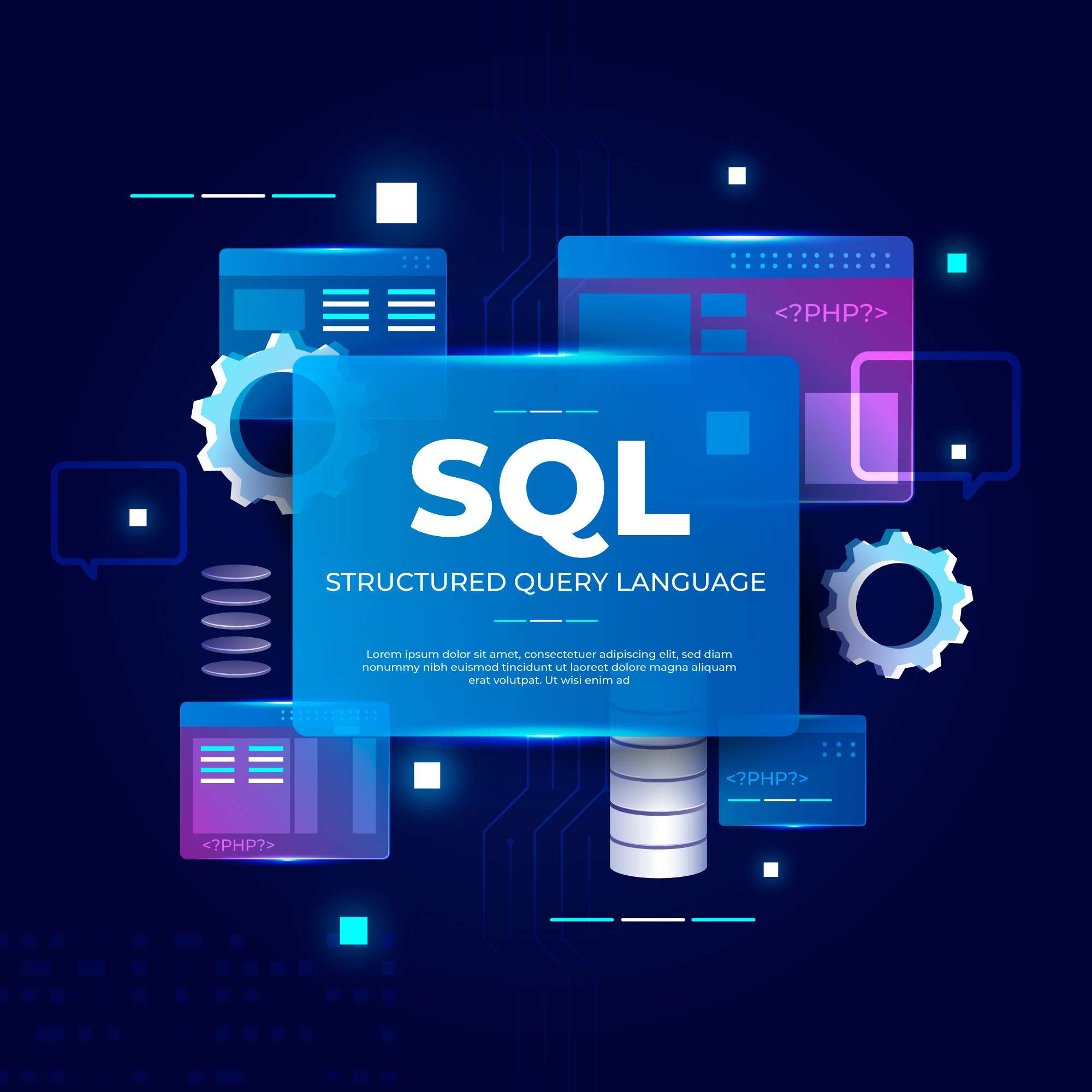 Zu sehen ist ein Symbolbild zum Thema SQL. Ein in dunklem blau und lila gehaltenes Design mit stilisierten Zahnrädern und Server-Racks sowie dem Schriftzug SQL zentral in der Mitte.