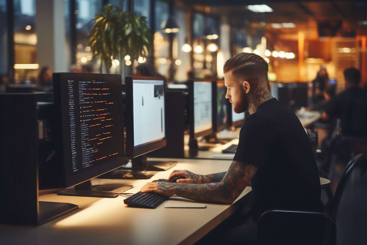 Ein junger Mann mit auffälligen Tätowierungen arbeitet konzentriert an einem Computer in einem modernen Büro. Er sitzt an einem Schreibtisch mit mehreren Monitoren, einer zeigt Codezeilen und der andere ein Design oder ein Dokument. Die Umgebung ist gut beleuchtet und vermittelt eine produktive Atmosphäre mit anderen Personen im Hintergrund, die ebenfalls an Computern arbeiten. Der Mann trägt ein schwarzes T-Shirt und hat kurzes, ordentlich gestyltes Haar.